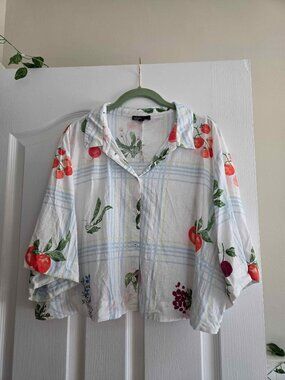 Nobody's Child Button Up Short Sleeve Blouse Plaid Veggie and Fruit Print